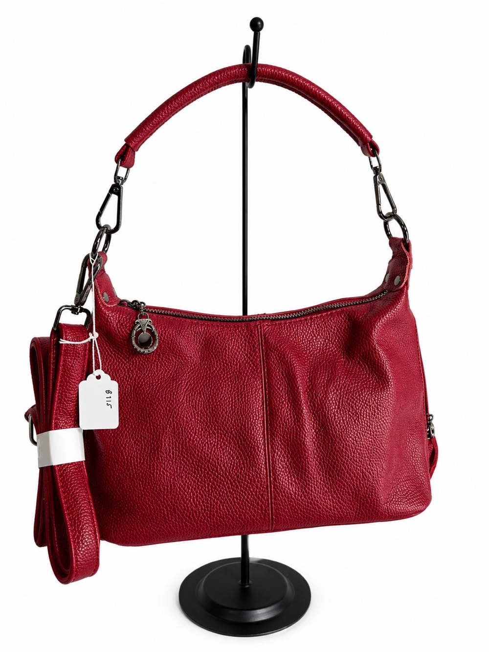 Women's Red Leather Shoulder Bag with Detachable Strap